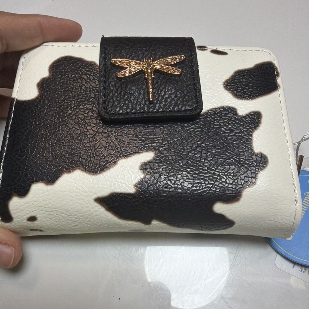 Chic Cowgirl Rodeo Cow Print Wallet NWT Gold Dragonfly Zip Around Bifold - Picture 6 of 9